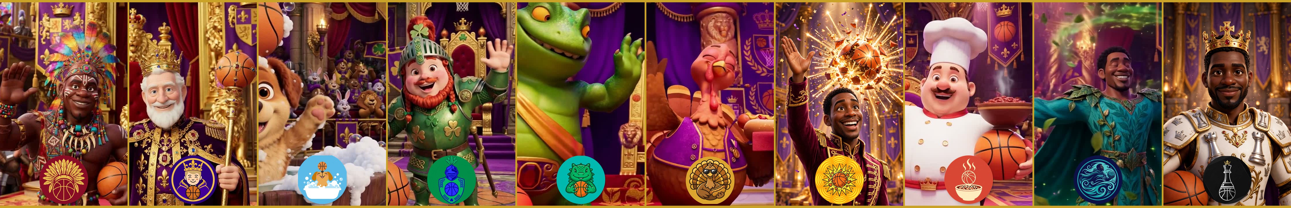 The Kingdom's ten teams — every team's character from the season intro with its badge: The REAL Tribal Chief, Christ The King, Team Pup n' Suds, Team O'Connor, 3Zilla Squad, Glizzy Gobblers, BOOM! Shockalotta, .... Rice and Beans, Team Ruah and CKING